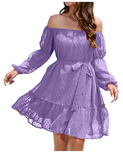 AYAZER Kleid Damen Elegant, Cocktailkleid Für Damen Sommer Abgestuft Cocktailkleid Gürtel Neckholder Worker Schlicht Lässig Cocktailkleid Mädchen Weich Slim Polyester mit Puffärmeln Lila XXL