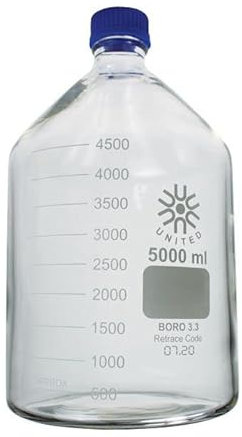 United Scientific ™ Bouteilles de stockage rondes de 5 000 ml (5 L) de qualité laboratoire avec bouchon à vis GL45, verre borosilicate 3.3