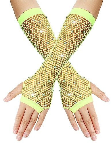Yolev Netzhandschuhe Gelb Lange Fischnetz Fingerlose Handschuhe Netzhandschuhe für Damen mit Strass Fishnet Glänzende Modische Opernhandschuhe für 80er Jahre Kostümparty Halloween Cosplay Zubehör