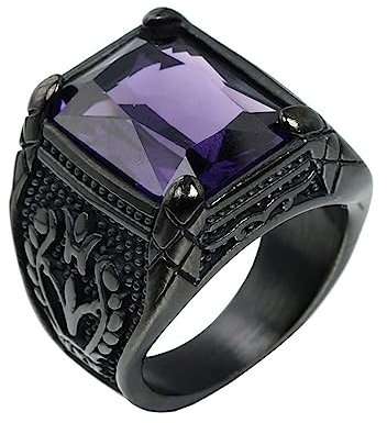HIJONES Anello con Gemma di Pietra Viola da Uomo in Acciaio Inossidabile Gioielli Celtici Floreali retrò Nero Misura 29