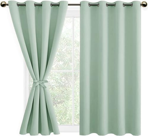 DWCN Blackout Curtains with Tiebacks for Bedroom Thermal Insulated Solid Eyelet Curtains for Living Room,2 Panels,52 Wide x 54 Drop Bean Green