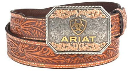 ARIAT Herren-Ledergürtel mit erhöhtem Logo, florales geprägt, konisch
