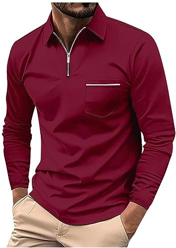 FeiBeauty Herren-T-Shirt T-Shirt Einschulung WeißEs Hemd Herren Zipper Revers Langarm Tasche Polohemd Einfarbig Regular Fit Polo Shirt Mit Brusttasche T Shirt (Rot, M)