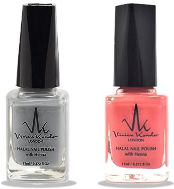 (Set Of 2) Halal Nail Polish with Henna Infused Permeable Nail Polish Wudhu and Vegan Friendly Long lasting Shiny Nail polish (Gentle Grey + Coral Reef)