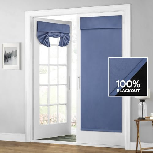 HOMEIDEAS 100% Blackout French Door Curtains, Privacy Room Darkening Curtains, 26 X 68 Inch Thermal Insulated Shades for Bedroom, Stone Blue
