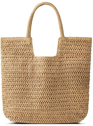 TOBEHIGHER Stroh-Strandtaschen für Damen – gewebte Sommer-Einkaufstasche, Schulterhandtaschen, große Strandtasche für Frauen für den Urlaub, Khaki
