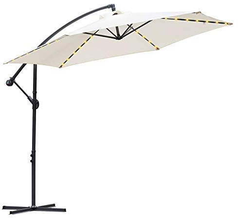 Eulenke Sonnenschirm LED Solar 300 cm, Ampelschirm mit Ständer und Kurbel, 6 Stahlverstrebungen, Neigungswinkel und Höhe verstellbar, Wasserabweisend und UV-Schutz Gartenschirm, Creme