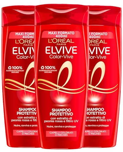 L'Oréal Paris Elvive Color-Vive Schützendes Shampoo für gefärbtes Haar oder mit Strähnen, belebende Pflegeformel, belebend, mit Extrakt aus roten Pfingstrose und UV-Filter, 3 Flaschen à 400 ml