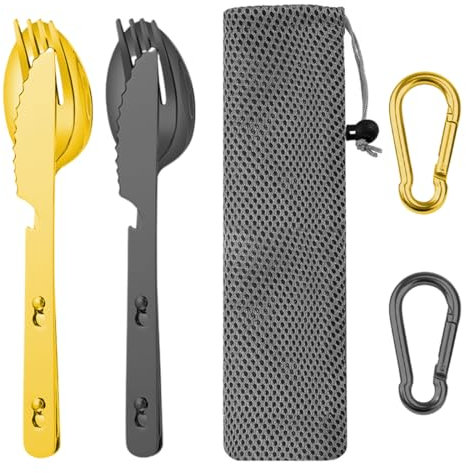 JRYXDS Set di Posate da Campeggio Pieghevoli, con borsa portaoggetti Acciaio Inossidabile da Campeggio per Picnic Outdoor Campeggio Utensili per i Viaggi e Il Campeggio(confezione da 5)