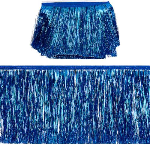 MAYJOYDIY Lametta-Fransenbordüre, Lametta-Fransenbordüre, glänzende Folien-Effekt, für lateinamerikanische Tanzkleidung, Kostüm, Kleidung, Zubehör, Quaste, Party-Dekoration, 15,2 cm, mittelblau, 15,2