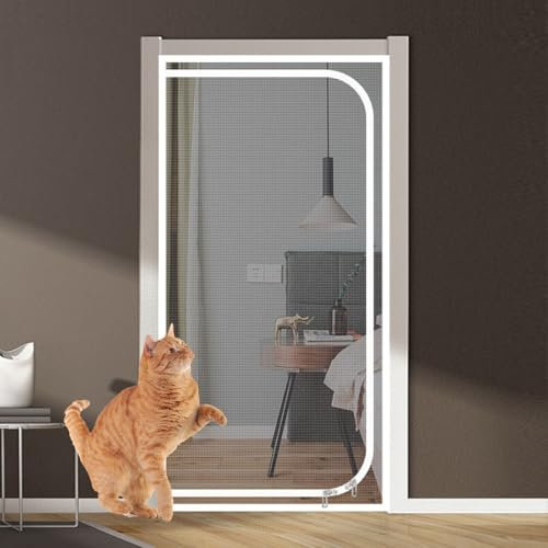 Cat Door Screen with Zipper, Pets Screen Door, Mosquito Door Screen Insect Mesh with Zipper, Removable Anti Mosquito Mesh Fly Net for Living Room, Bedroom, Kitchen, Patio(White,85x210cm)