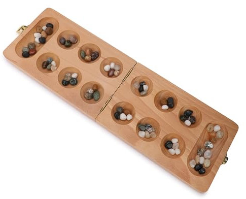 Ajuny Wooden Mancala Board Game Set - Folding Board with Multicolor 48+32 Stones, Ideal for Family Night, Portable Travel Fun Classic Table Game for Adults & Kids
