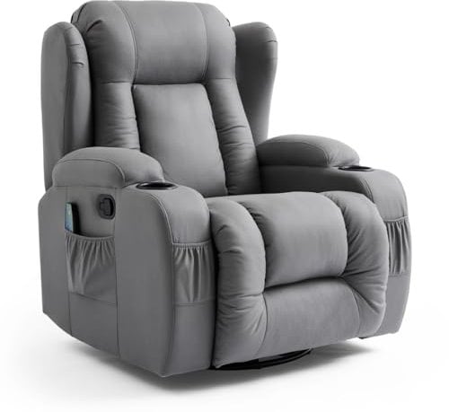 More4Homes CAESAR GREY TECHNOLOGY FABRIC MANUAL RECLINER ROCKING SWIVEL HEAT & MASSAGE CHAIR