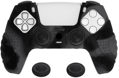 eXtremeRate PlayVital Protection Manette pour ps5 Coque,Housse Silicone avec Capuchon Joystick pour ps5 Controller Accessoire Cover Skin Antidérapante-Gris Foncé & Noir,Édition Guardian