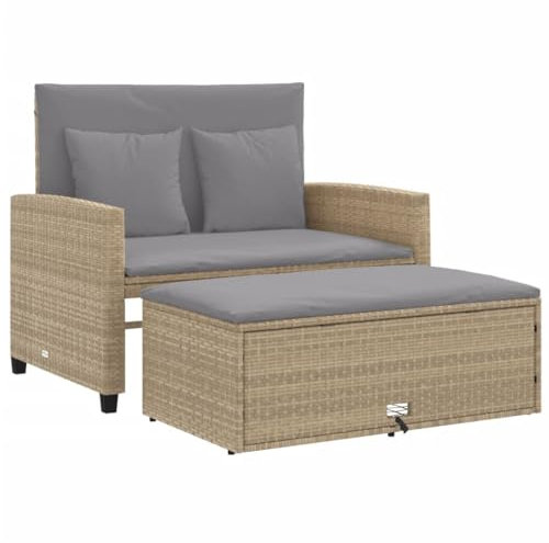 Gecheer Gartenlounge Set, Balkonlounge Set, Terrassensofa Rattan, Doppel-Sonnenliege, Gartenmöbel Wetterfest, Gartensofa mit Kissen 2-Sitzer Beige Poly Rattan