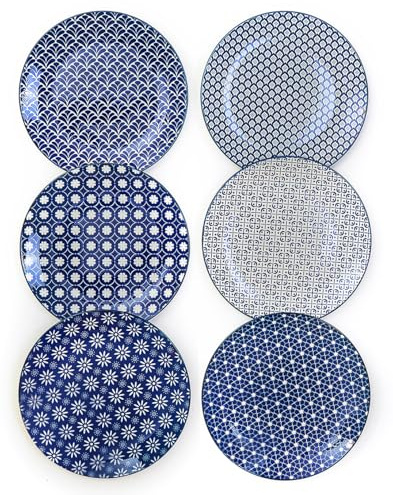 AntoKueh Blue and White Ceramic Dinner Plates Set of 6, 8inch 20.3cm Small Dessert Plates for Salad, Appetizer, Snacks, Steak, Festive Table Setting, Dishwasher & Microwave Safe