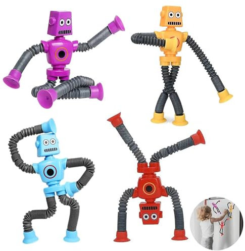 4 Pieces Animal Pop Tubes, Pop Tube Animals, Robot Fidget Toy, Telescopic Toys for Kids, Telescopic Suction Cup Robot Toy, Decompress Educational Sensory Toys for Kids & Adult
