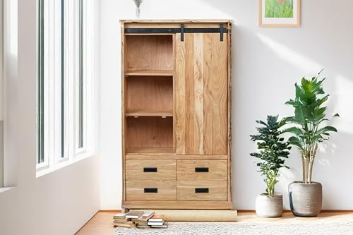 SAM Highboard Lian II | Akazienholz massiv | Farbe: Natur | 90x45x150 cm | 6 Fächer & 4 Schubladen | Holz-Schiebetür| Baumkante | Gusseiserne Elemente