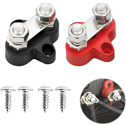 Xiciki 2PCS 12V Bus Bar Power Distribution Terminal Block, 12V-48V DC M8 Battery Junction Post with Dual Studs Positive & Negative Battery Junction Post for Auto, Marine, Boat, Trucks (Red & Black)