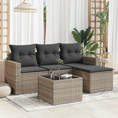 IKAYAA 5-TLG Rattan Gartenmöbel Set mit Stauraum Gartenlounge Balkon Lounge Gartenmöbel Klein Rattan Sofa Balkon Ecklounge Gartensofa Ecksofa Loungemöbel Terrasse-Grau Type-24