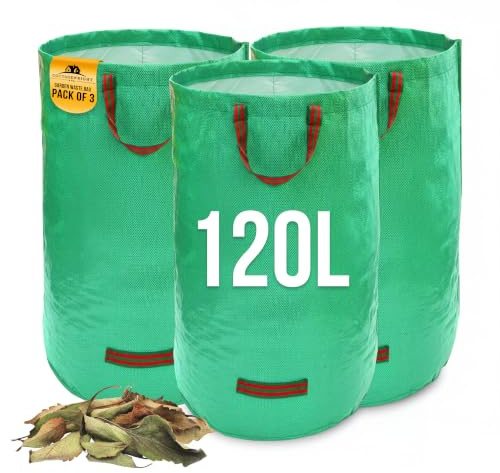 Lot de 3 sacs de jardin très résistants avec poignées - Sacs à déchets de jardin réutilisables et résistants pour plantes, herbe, saleté, collecte des feuilles, sacs à déchets réutilisables (lot de 3