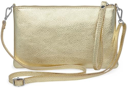 Caspar Kompakte Leder Clutch Damen Umhängetasche Abendtasche mit verstellbarem Schultergurt - CLASSIC LINE - Modell No.834 - Made in Italy, Farbe:gold metallic