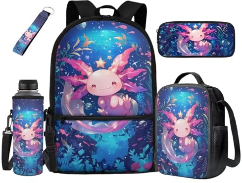 UOIMAG Lot de 5 sacs d'école pour enfants, sac à dos, boîte à déjeuner avec porte-bouteille d'eau, trousse à crayons, porte-clés, Axolotl Star Ocean, Taille unique, Ensemble cartable