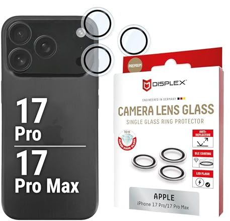 Premium Kamera Schutzringe für iPhone 17 Pro Max/17 Pro (10H) Echtglas, DLC | DISPLEX Premium Camera Lens Glass, Echtglas, 10H Härte, transparente Ringe, Ultra-Clear, Quick Mount, Anti-Fingerprint