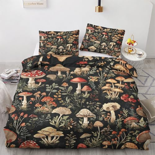 Luxfieo Pilze Deko - Winter Bettwäsche 140x200 Pilze, Botanisch Wald Pflanzen Bettbezug 2er Set mit 1 Kissenbezug 70x90, Weiche Mikrofaser Winterbettwäsche mit Reißverschluss
