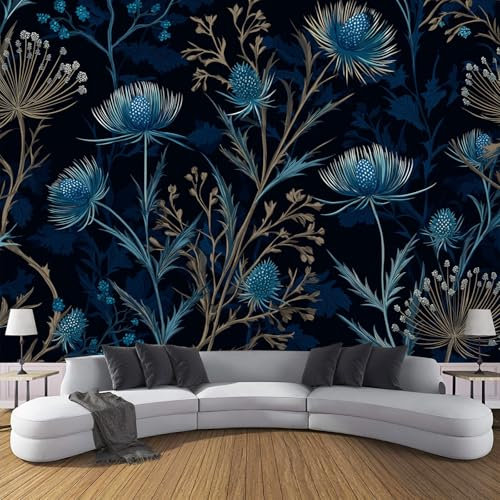 JSCWDET Plant and Floral Elements 3D Wallpaper Blue Thistle Pattern Large Mural Bedroom Living Room TV Background Photo Wall Papers Home Decor,Navy,150 × 105 cm