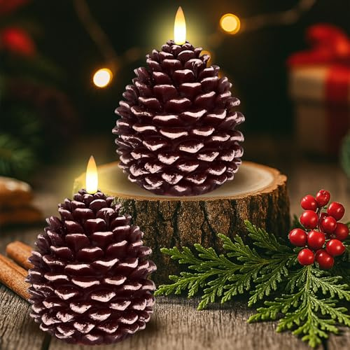 Drepint Weihnachtsdeko Led Flammenlose Tannenzapfen Kerzen-Weihnachtskerzen, 2 Stück 3D Tannenzapfen Kerzen, Batteriebetrieben Tannenzapfenförmige Kerze für Weihnachten Tischdeko Braun