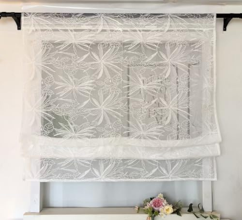 Vordesack Amerikanische Jacquard Raffrollo mit Ahornblatt Muster transparente Raffgardine mit Stangendurchzug Vorhang Rollo ohne Bohren Modern Weiß 1 Stück Höhe x Breite 140x70cm