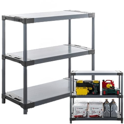 MODO24 Kunststoffregal Jupiter 98x130x46 cm, 3 Ablagen à 70kg, Lagerregal aus Kunststoff für Keller, Garage, Vorratsraum, Werkstatt, Kellerregal, Steckregal modular, Plastikregal, Farbe: Grau