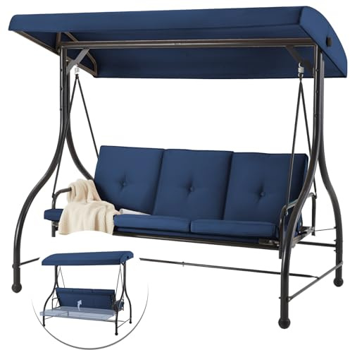 YODOLLA 3 Seater Garden Swing Chair Convertible Bed with Adjustable Canopy & Cushions - Outdoor Swing Bench for Patio/Backyard, Blue
