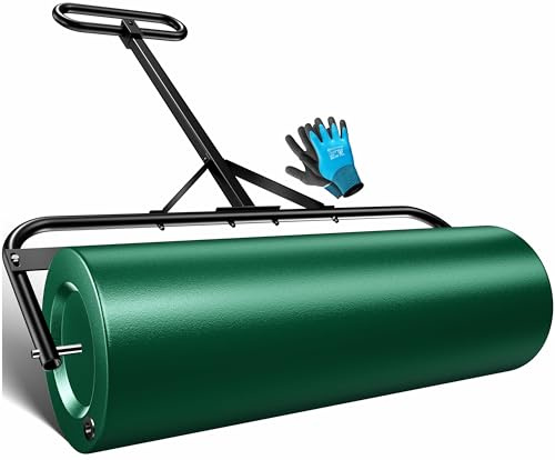KESSER® Rouleau à gazon en métal à remplir avec de l'eau ou du sable - Volume de remplissage de 63 litres et 99 cm de large - Rouleau de jardin avec gants - Vert