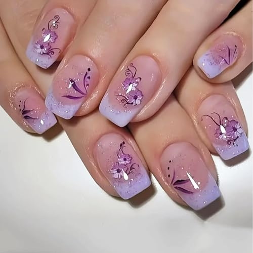 French False Nails Short - Glitter Purple Press on Nails with Floral Design - Short Square False Nails with Glue - Reusable Stick on Nails for Women in 12 Sizes - 24PCS Soft Gel Fake Nails Kit