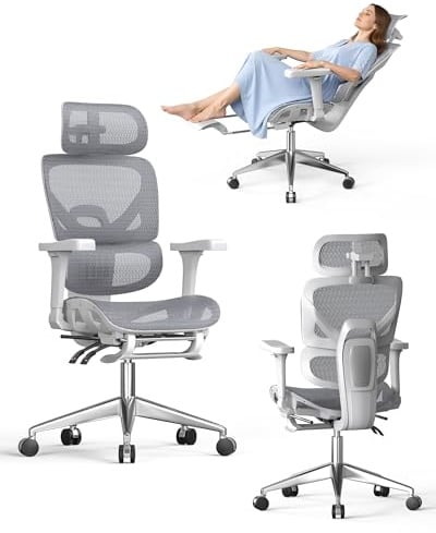 naspaluro Sedia Ufficio Ergonomica, Sedia da scrivania Braccioli 3D Poggiatesta Schienale Alto Rete, Supporto Lombare, Poggiapiedi, Sedia Girevole Computer per Casa Ufficio, Lavoro e Gaming-Grigio