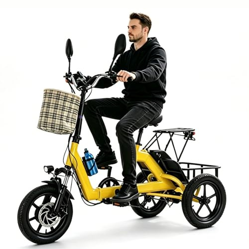 Triciclo Eléctrico Para Adultos/Trike Eléctrico,Autonomía De 45-70 Km,Bicicleta Eléctrica De 3 Ruedas,Con Cesta Grande Y Batería Extraíble De 48 V Y 10.4 Ah Yellow