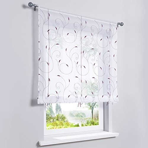 HongYa Transparenter Voile Bändchenrollo Tunnelzug Raffrollo Raffgardine mit Ranken-Stickerei H/B 140/120 cm Beere