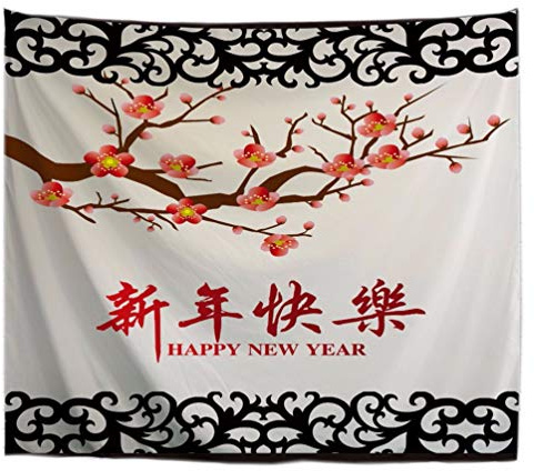 A.Monamour Happy New Year Chinese Spring Festival Holiday Greetings Spring Season Plum Flowers Print Fabric Tapestry Wall Hangings Season Wall Decors For Bedroom Living Room Dorms 153X102Cm/60 X40