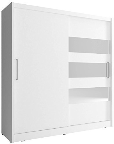 Kleiderschrank Schwebetürenschrank mit Spiegel 2-türig Schrank mit Einlegeböden und Kleiderstange Gaderobe Schiebtüren Borneo 3 (Weiß, 200 cm)