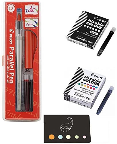 Pilot Parallel Pen Set 1.5 mm + 1 Box of 12 Ink Cartridges Assorted Colours + 1 Box of 6 Black Cartridges + 1 Ruler Wooden Bookmark Blumie