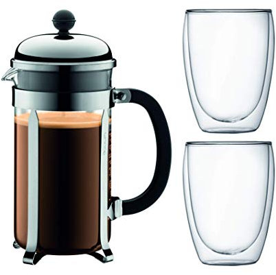 Bodum CHAMBORD Set Kaffeebereiter, 8 Tassen, 1.0 l und 2 doppelwandigen Gläser, 0.35 l, Polycarbonat, Edelstahl