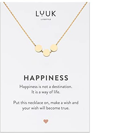 LUUK LIFESTYLE Damenhalskette aus Edelstahl mit drei Kreisen Anhänger und HAPPINESS Geschenkkarte, eleganter Stil, modernes Modeaccessoire, Gold