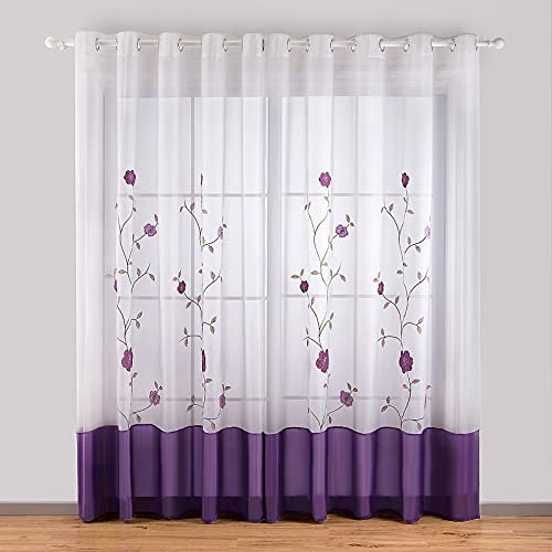 SIMPVALE 2 Stücks Sheer Vorhang Voile Blumen Stickerei Vorhänge mit Ösen Transparent Gardine Wohnzimmer Schlafzimmer Lila 140×260cm (B×H)