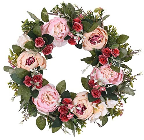 Türkranz, Blumenkranz, künstliche Blumen, 38,1 cm, künstlicher Pfingstrosenkranz mit grünen Blättern, handgefertigt für Bauernhaus, Willkommens-Tür, Wand, Heimdekoration, Büro, Rosa