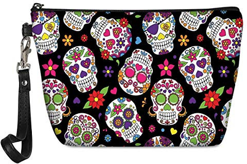 chaqlin Damen Kosmetiktasche für unterwegs, Totenkopf-Motiv, aus Polyurethan-Leder, mit Reißverschluss, für Reisen, Make-Up-Tasche, Kulturbeutel