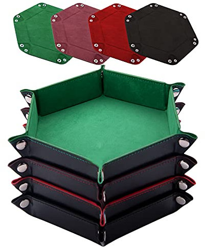 SIQUK 4 Stück Würfelbretter Leder und Samt Würfelteller, 4 Farbe Würfeltablett Hexagon Würfelteller Leder Würfelbretter für RPG DND Dragons Würfel Gaming (Kaffee, Grün, Rot und Schwarz)