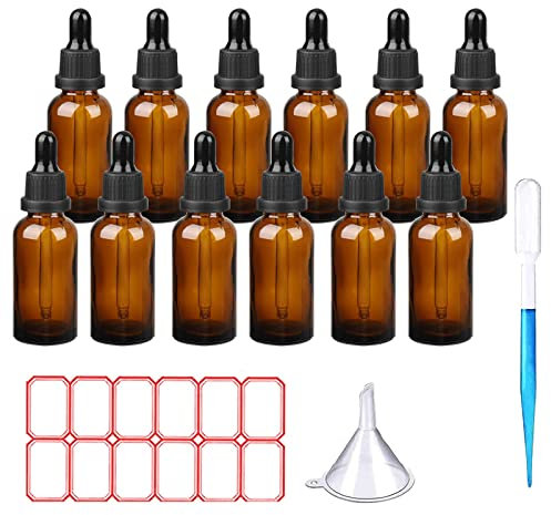 TUAKIMCE 30ml Amber Dropper Bottle, Pack of 12 Amber Brown Glass Dropper Bottles with Dropper Pipettes, Small Sample Glass Bottles Refillable for Essential oil Diffuser, Beauty Oil Mix…