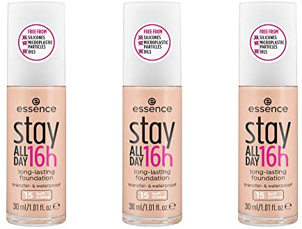essence stay ALL DAY 16h long-lasting Foundation, Make Up, wischfest, wasserfest, Nr. 15 Soft Creme, nude, langanhaltend, mattierend, matt, vegan, ölfrei, wasserfest, 3er Pack (3 x 30ml)